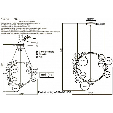 Подвесная люстра Crystal Lux Agata SP15 V2 Black/Transparente