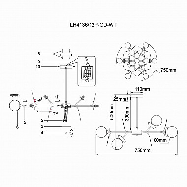 Подвесная люстра Lumien Hall Ilmari LH4136/12P-GD-WT